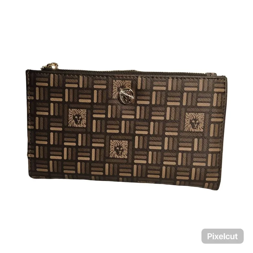 New Anne Klein Wristlet Wallet Espresso And Gold Hardware With Lion Accent #52